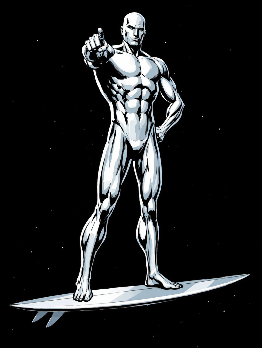 The Silver Surfer pointing at you