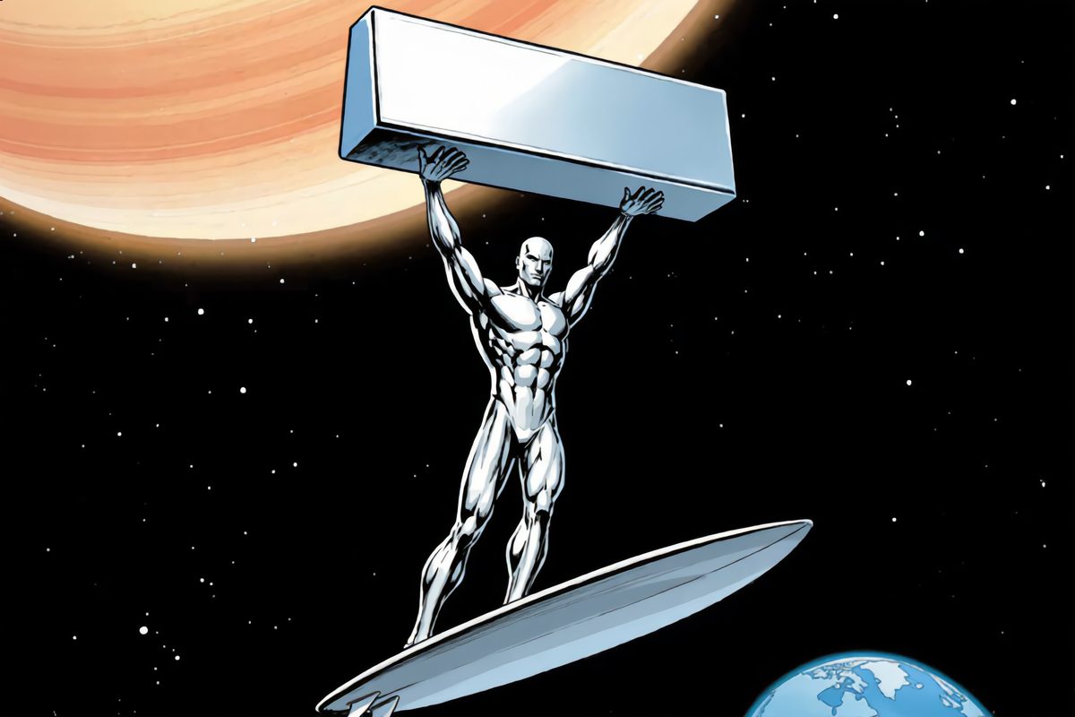 The Silver Surfer holding a silver bar overhead